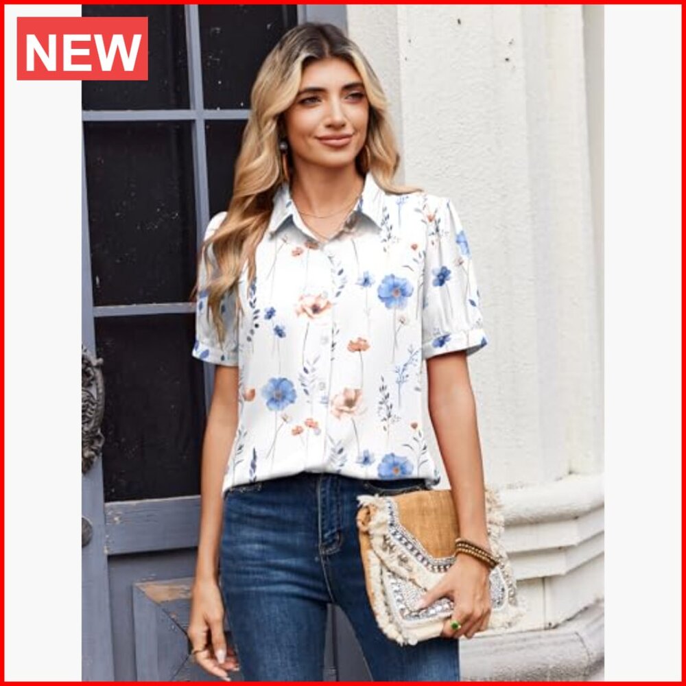 Polyester Chiffon Button Down Shirt Puff Short Sl… - image 3